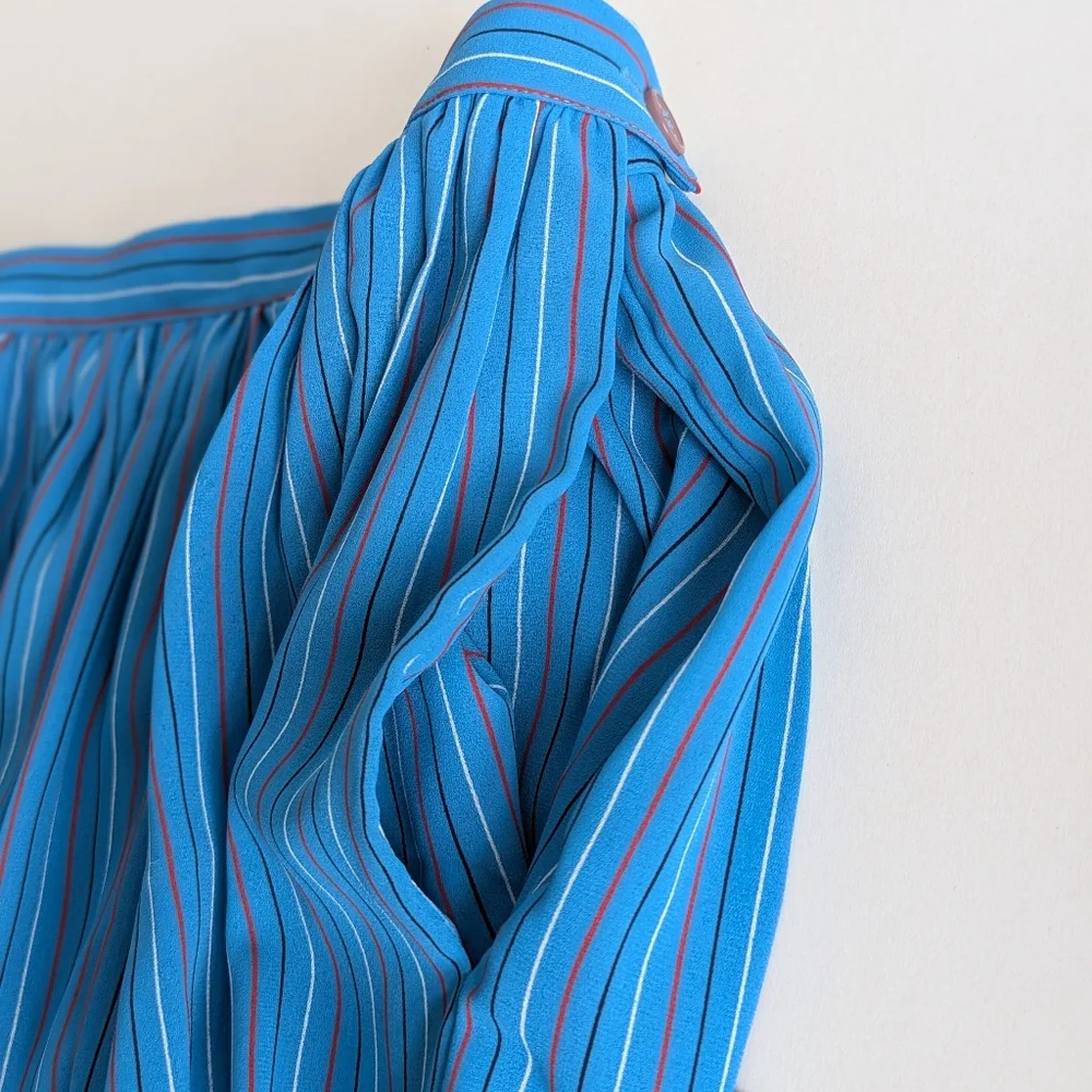 Vintage Secretary Style Stripe Set: Button Down Top Neck Bow A-line Skirt